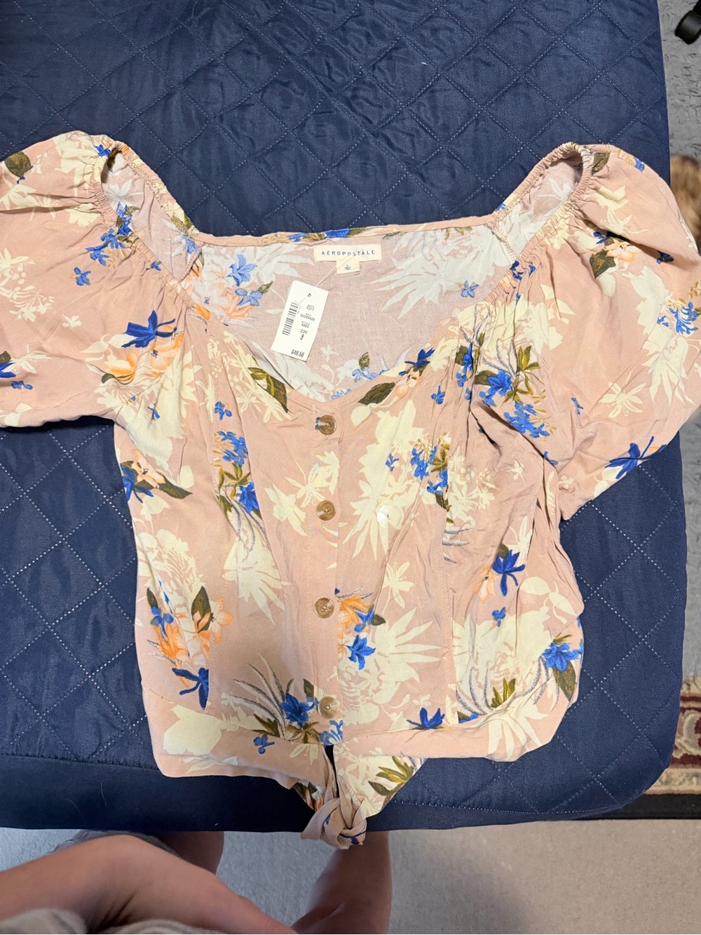 Aeropostale Blush Pink Floral Button-Front Puff Sleeve Top